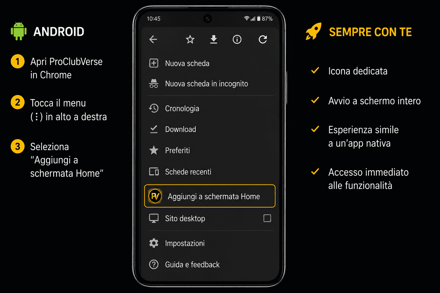 Procedura Android per aggiungere ProClubVerse alla schermata Home