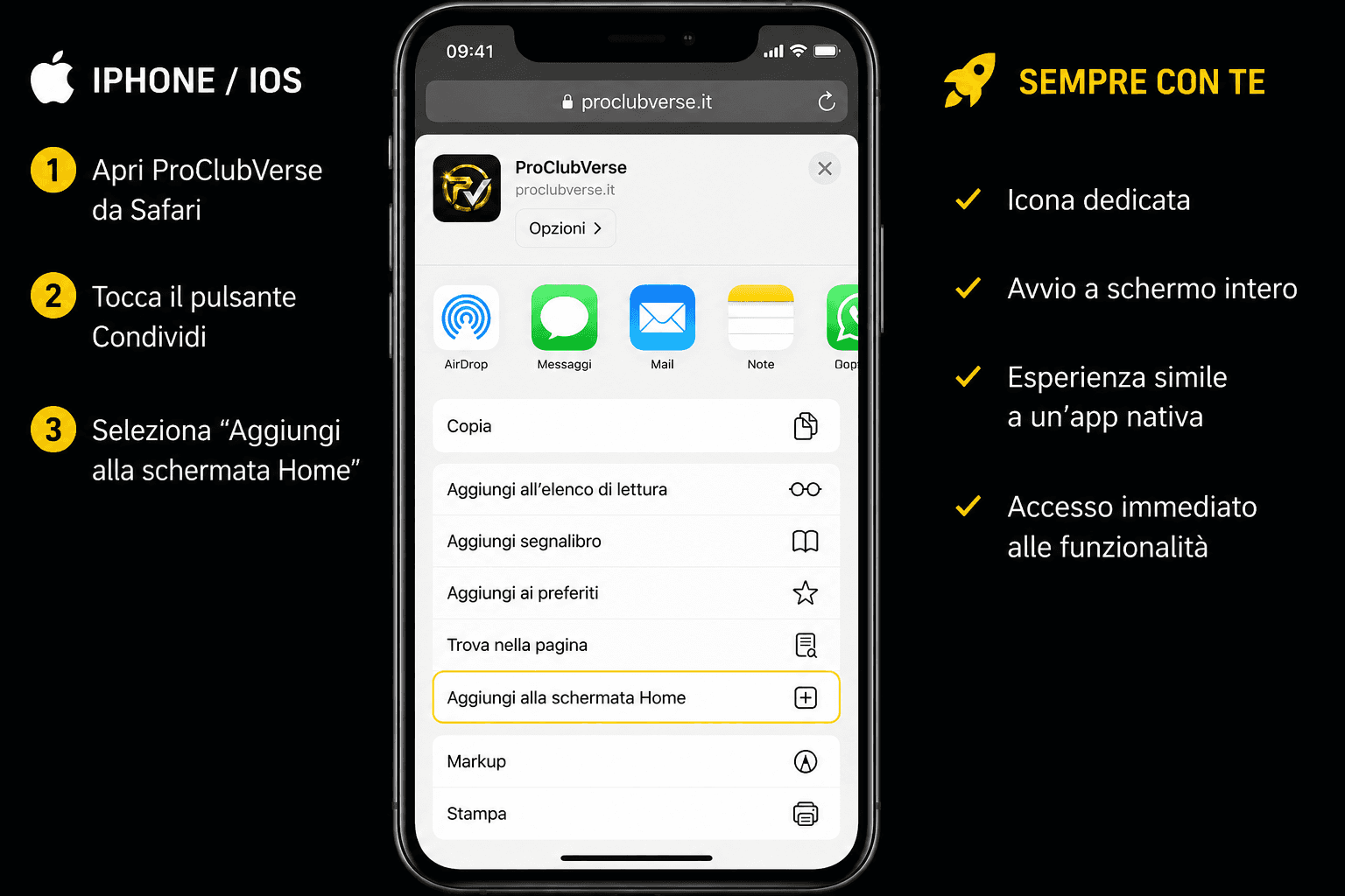 Procedura iPhone iOS per aggiungere ProClubVerse alla schermata Home